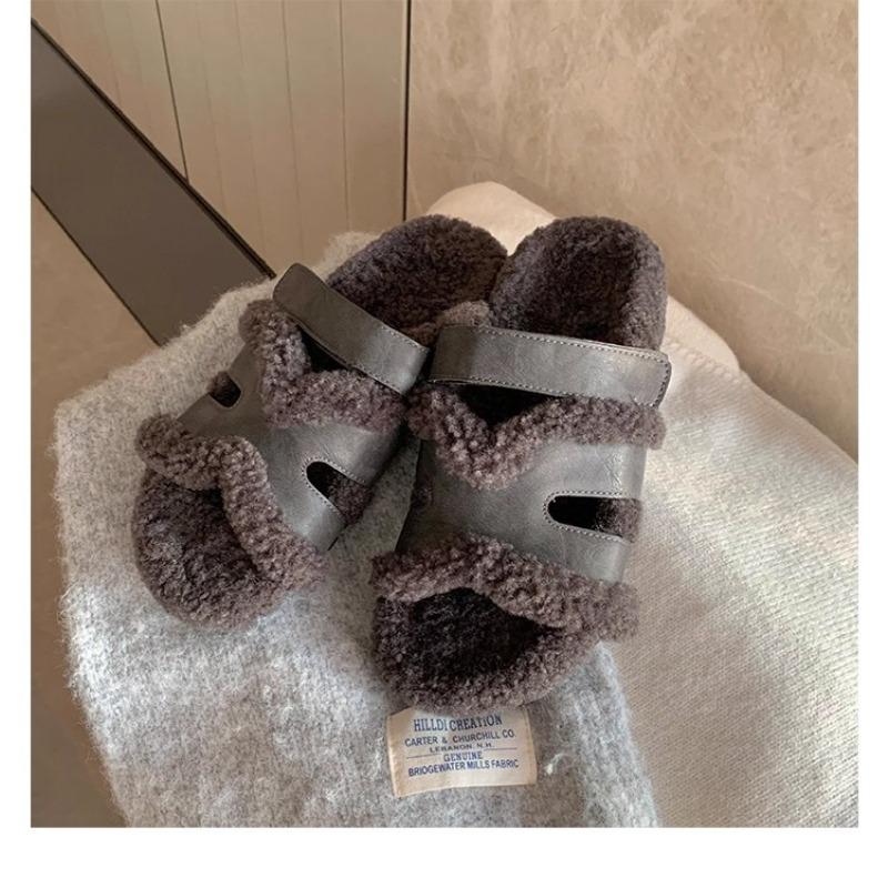 Lazy person with Velcro second uncle thick-soled leather fluffy slippers women wear autumn and winter models