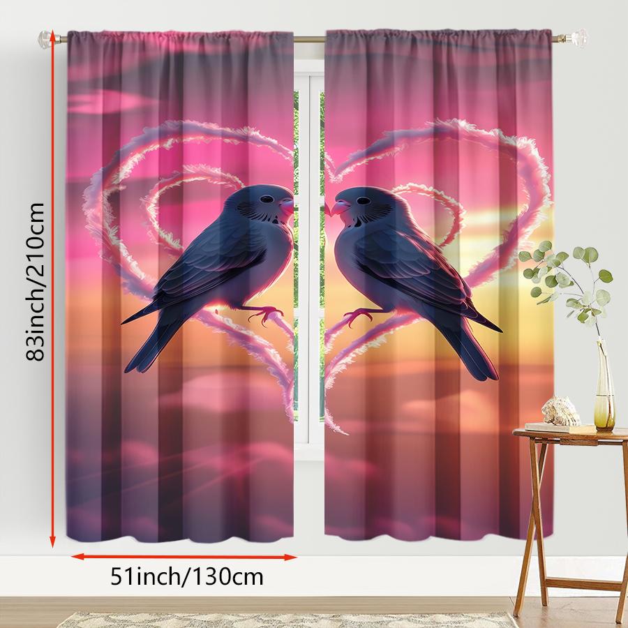 2PCS Pink Sunset Blue Sparrow Love Curtains   Sunset Romantic Valentine's Day Style   Bedroom Living Room   Pull up Pocket Style