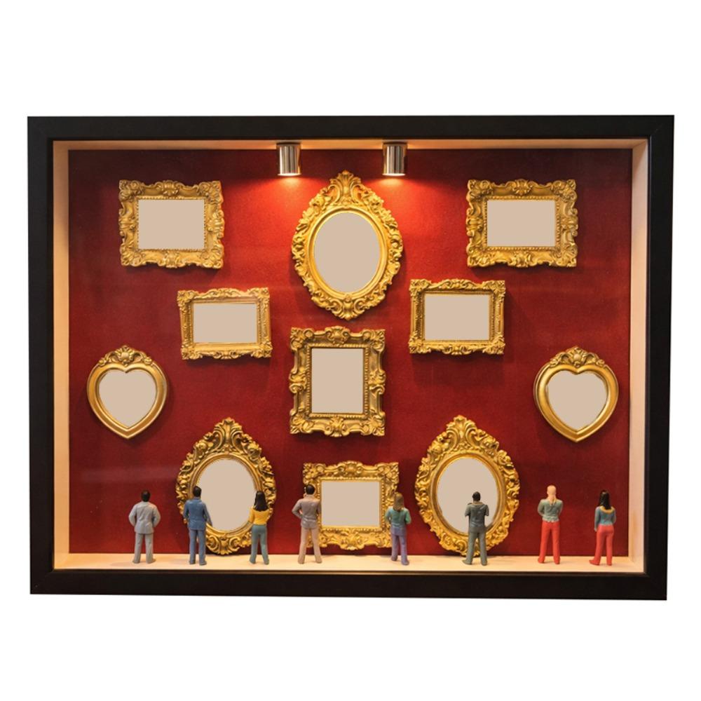 Światło LED DIY Mini Muzeum Pudełko z Sylwetką Miniaturowa Ramka na Zdjęcia Biurkowa 8 Mini Figurek Zestaw do Prezentacji Wspomnień Złote Ramki Ramka na Zdjęcia
