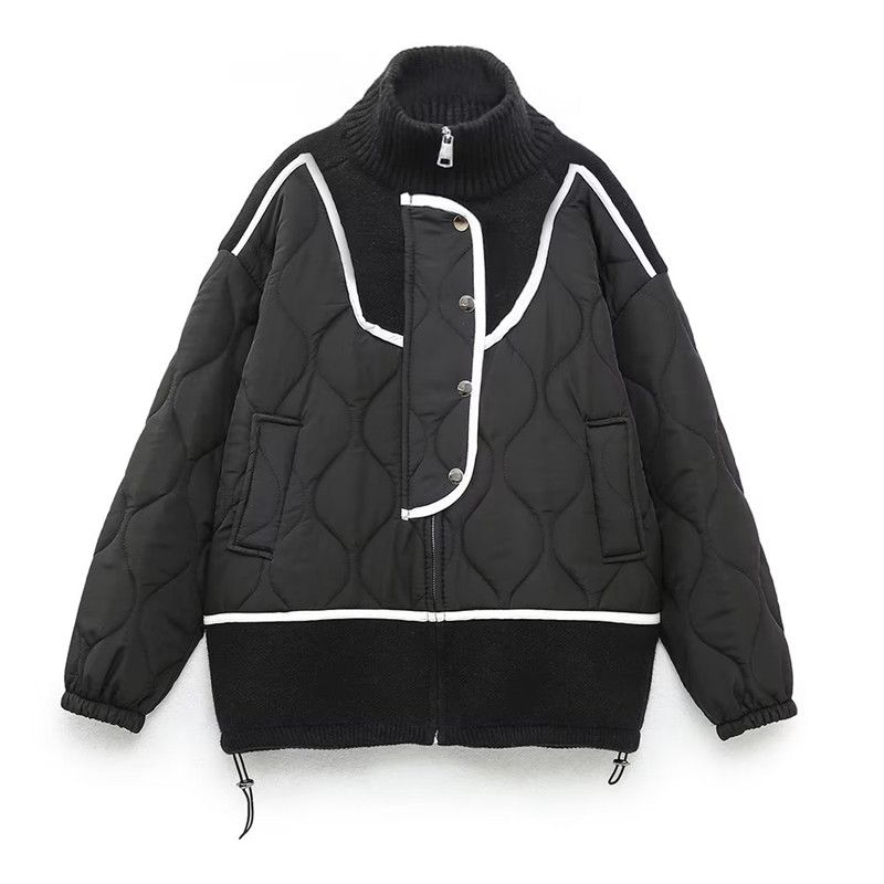 

Ур Вязаная Куртка Пэчворк Воротник-стойка Свободная Хит цвета Ромбовидная решетка Black M