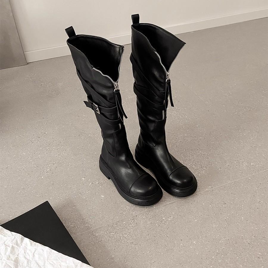 Cowhide version~ New platform boots women's British style knight boots retro fold autumn and winter Maillard locomotive
