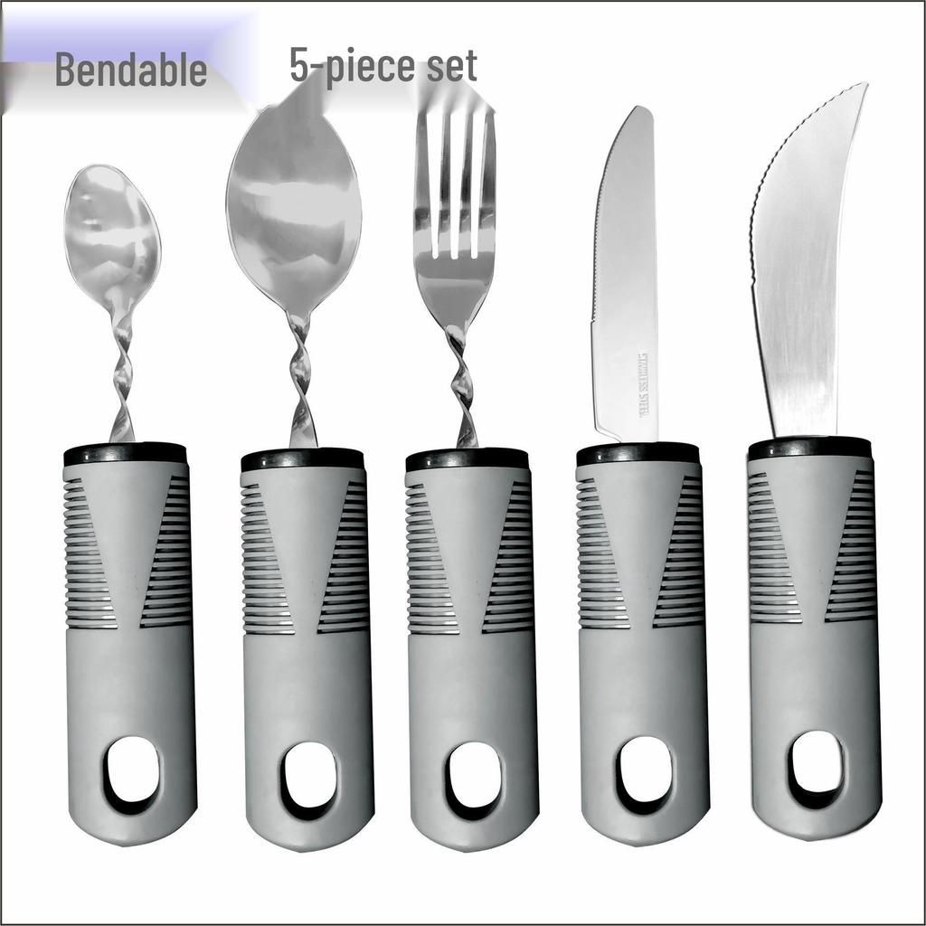 Adaptive Stainless Steel Anti-Tremor Tableware Set: Ergonomic Knife, Fork, Spoon with Rubber and Plastic Handles for Elderly Assistance