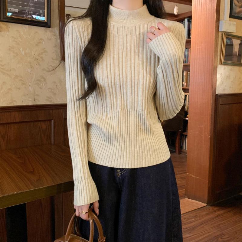 Semi-turtleneck knitted sweater women's spring simple pit strip gentle wind bottoming shirt front shoulder top inside
