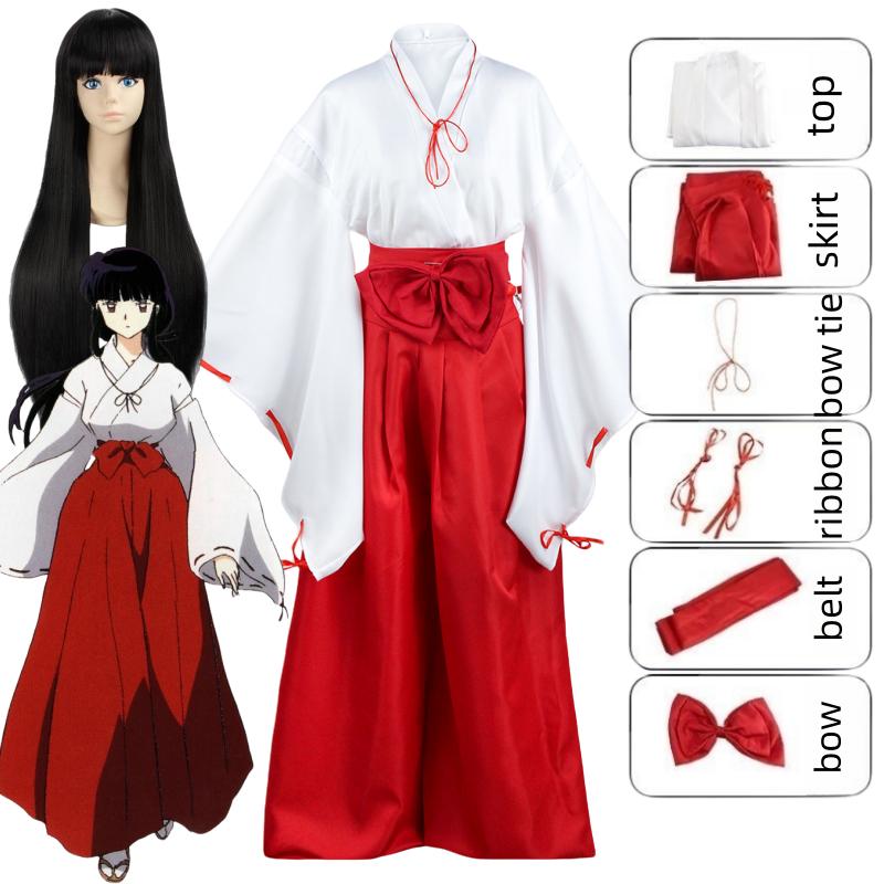 Anime Inuyasha Kiky Kikyō Cosplay Costume sorcière japonais Kimono Performance vêtements perruque avec hauts jupe uniforme fête d'halloween L-(Costume+Wig)