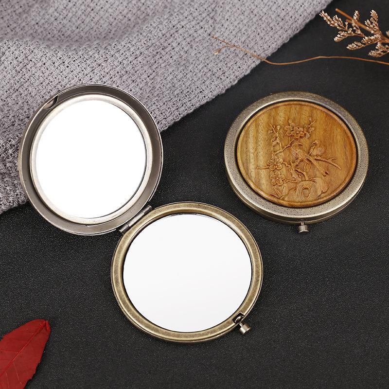 Portable Green Sandalwood Folding Vanity Mirror - Exquisite Round Design, 5 Styles Available