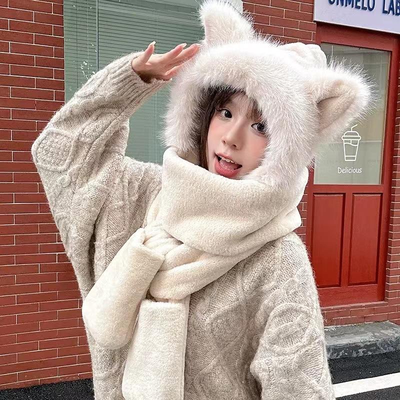 Winter, Plush Hat, Scarf and Gloves In One, Versatile, Thick and Warm, Ear Protection and Neck Protection Three Piece Set, Female, Three In One