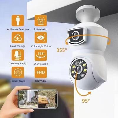 E9 Dual-Objektiv WiFi Smart Home Überwachungskamera mit Vollfarb-E27-Glühbirne und Gun-Ball-Verknüpfung.