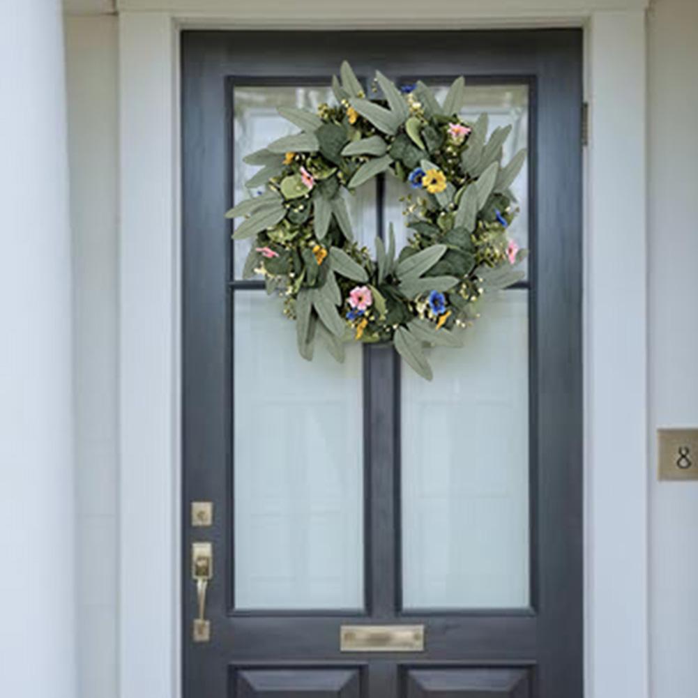 42cm Spring Eucalyptus Wreath with Rabbit Ears for All Season Door Wall Mantel Decoration Green Plastic Silk Material