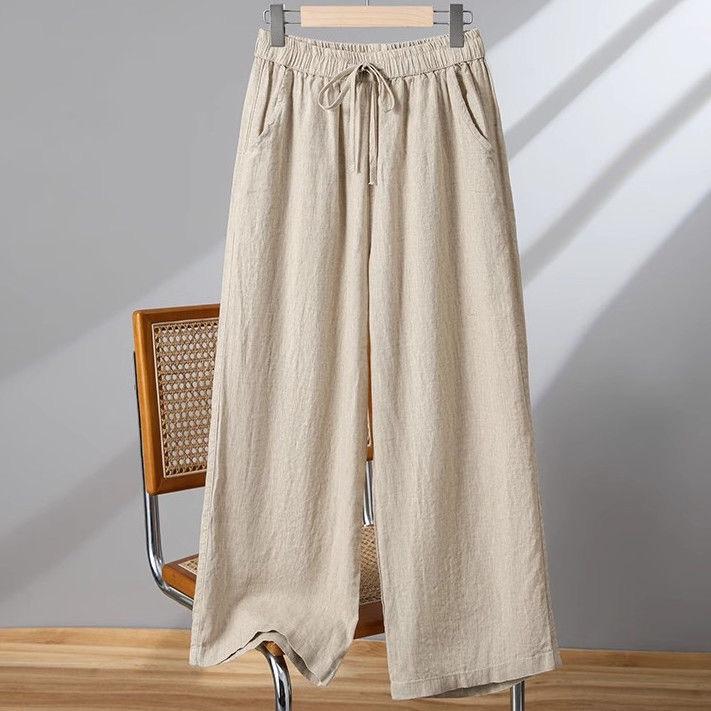 

Women s Retro High-Waisted Linen Wide-Leg Pants - Casual and Artistic 9-Point Straight Leg Design M (80-105 Jin) льняной/естественный