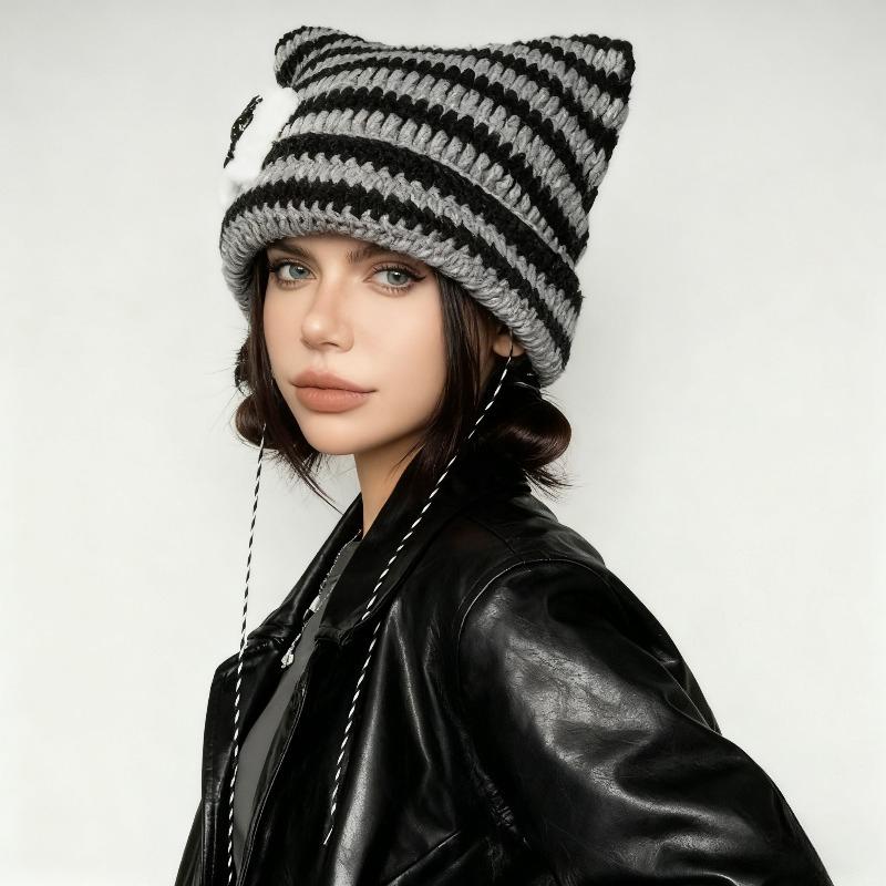 1pc Cute Cat Ears Beanie Hat For Women Winter Striped Korean Punk Gothic Y2K Wool Knitted Streetwear Handmade Crochet Bucket Cap