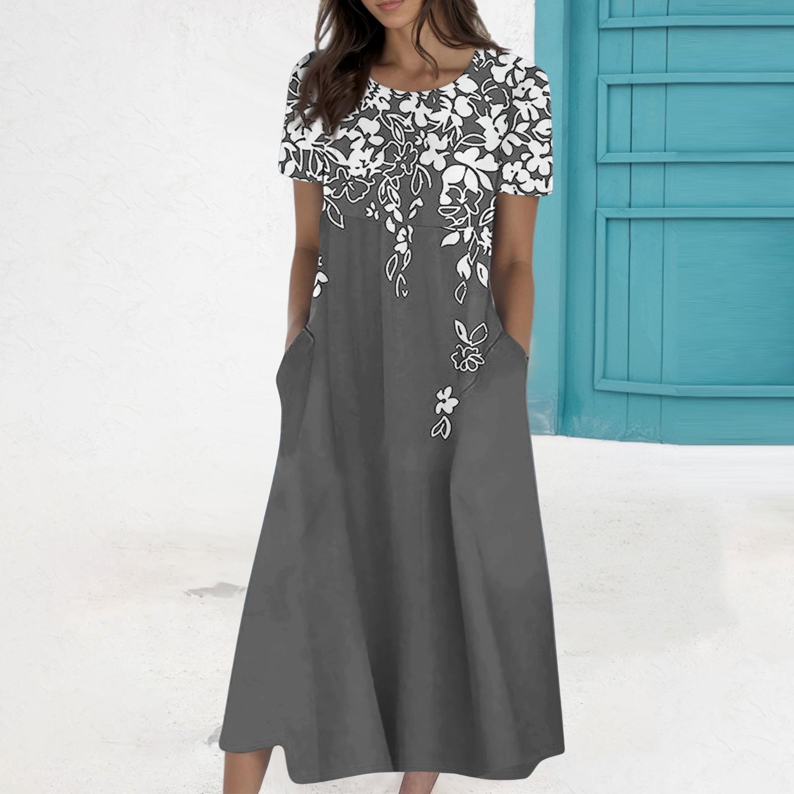 

Женское летнее повседневное модное платье с коротким рукавом и карманом с круглым вырезом XXL