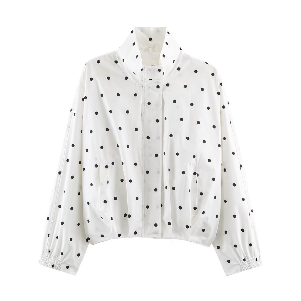 Women Loose Fit Black Polka Dot Zipper Long Sleeve Jacket Casual Autumn