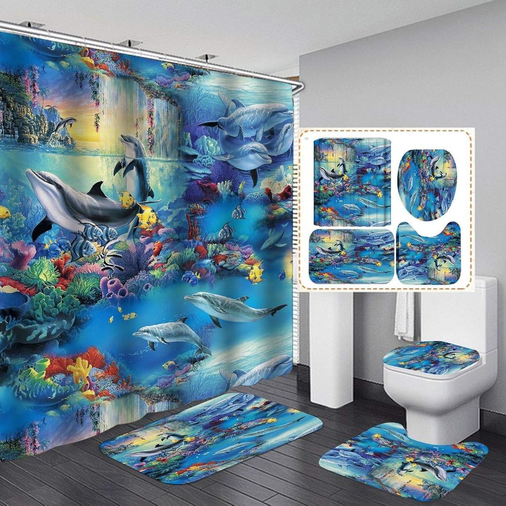Dolphin Bathroom Decor Waterproof Shower Curtain Set Toilet Seat Cover Non-Slip Bath Mat Rug Carpet Polyester Fabric Washable