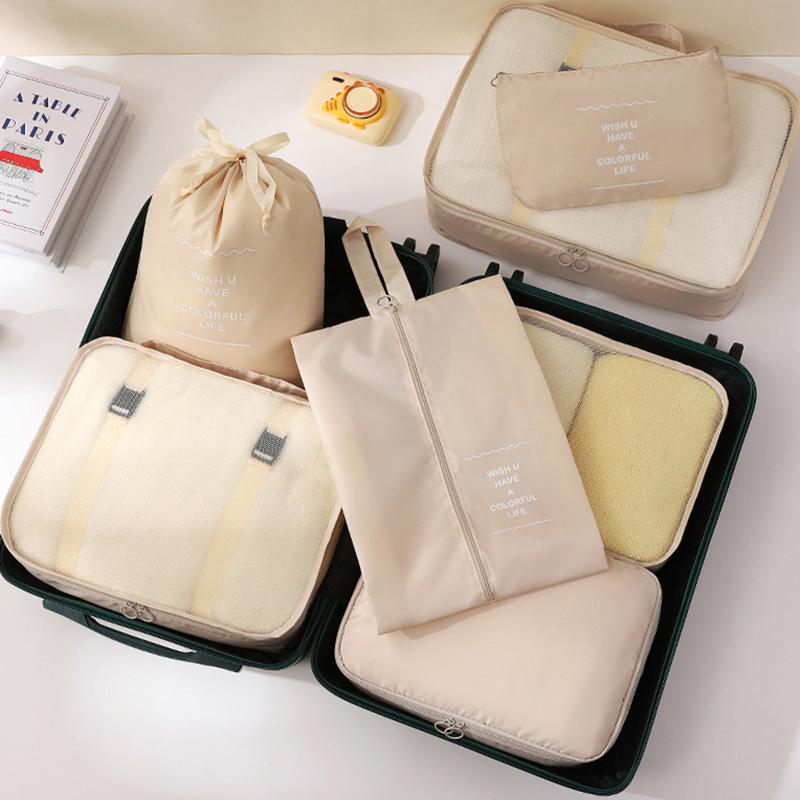 

7Pcs Set Travel Organizer Storage Bags Suitcase Packing Cubes Cases Portable Wardrobe Luggage Clothes Shoe Pouch Fold бежевый