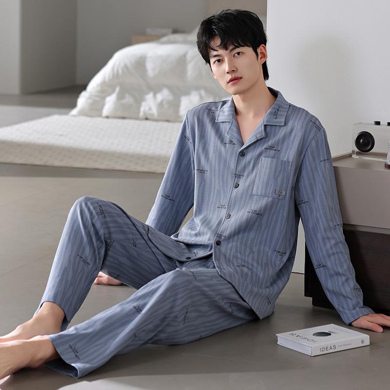 Men'S Pajamas Men'S Spring And Autumn Models, Pure Cotton Long-Sleeved Men'S Autumn Cotton Loungewear Set
