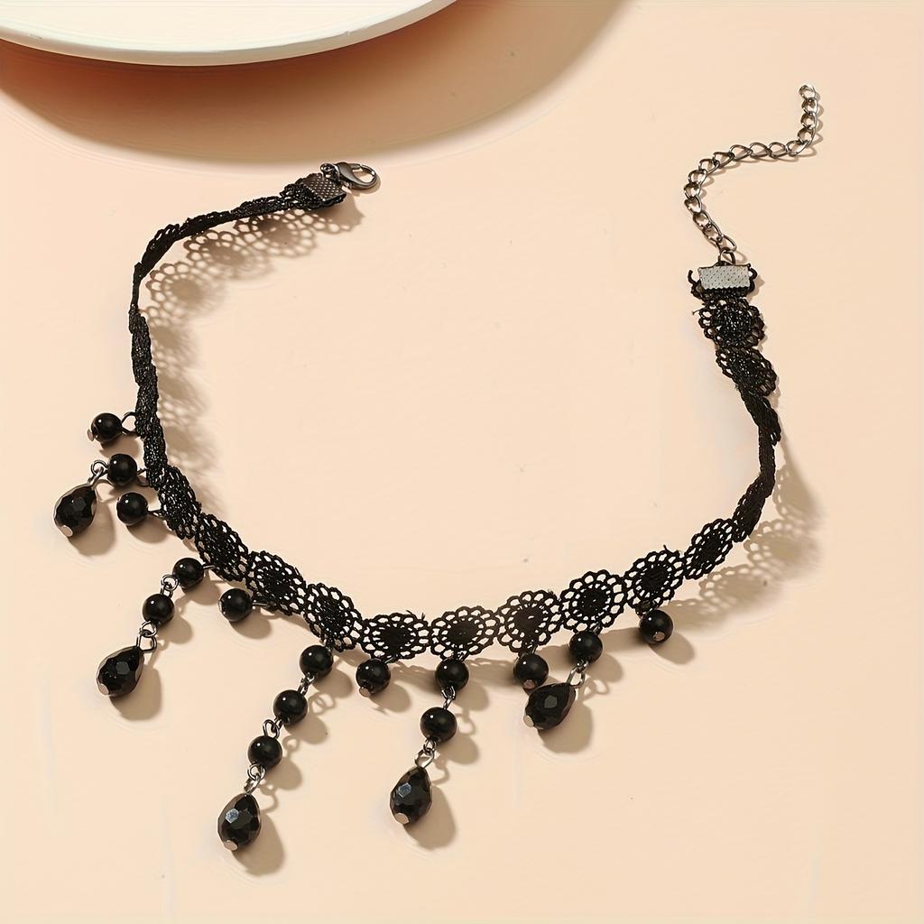 Punk Gothic Lace Necklace, Spider Web, Crystal Tassel Jewelry