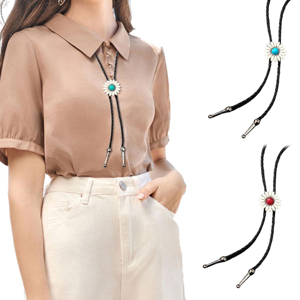 3Pcs Rodeos Bolo Tie with Sunflower Stone Pendant Braided Leather Cord Adjustable Chain Necktie Western Jewelry Necklace