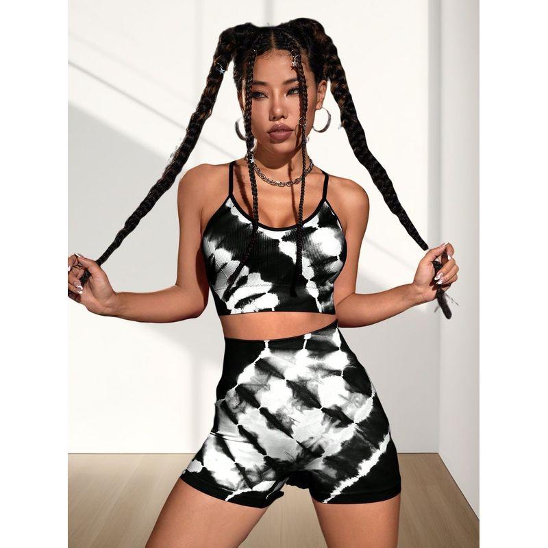 Seamless Tie-Dye Sports Suit Women's High Waist Hip Lift Stretch Workout Pants Double-Shoulder Strap Beauty Back Yoga Bra Shorts