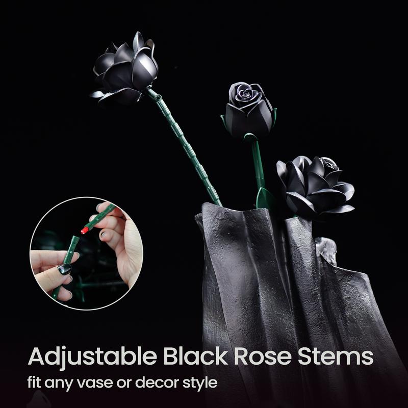 Black Rose Flower Bouquet Building Set, Black Rose Botanical Collection Blocks Kit Compatible for Adults Women, Artificial Flowers Gothic Decor for