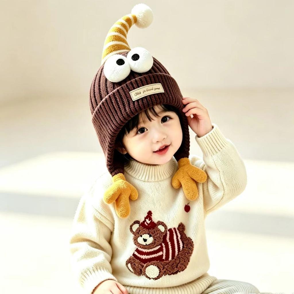 autumn and winter big eye ear protection knitted hat, baby cartoon little hand pointed elf hat, infant warm wool hat