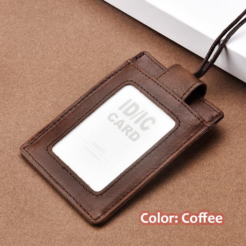 US Retro Crazy Horse Leather ID Card Badge Holder with Lanyard for Mens Multi Card Slots Coffee Cards Cases Office Supplies