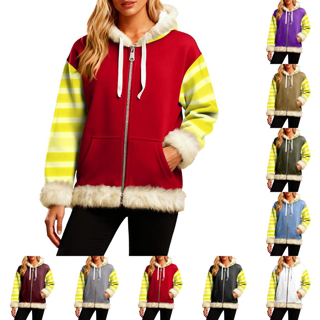 Women's Comfortable Loose Fashion Casual Striped Print Long Sleeve Pockets Hooded Sweatshirt Jacket