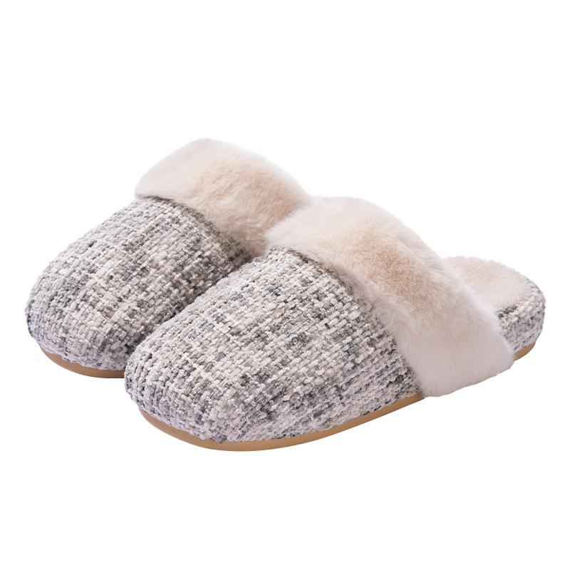 New thick-soled heightened small fragrant slippers autumn and winter indoor household velvet warm and non-slip wool cotton slippers