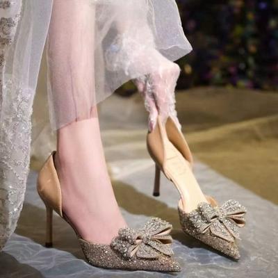 Women's Bow High Heels Thin Heels Pointed Toe Rhinestones Pumps Women Shoes Wedding Fairy Style Banquet