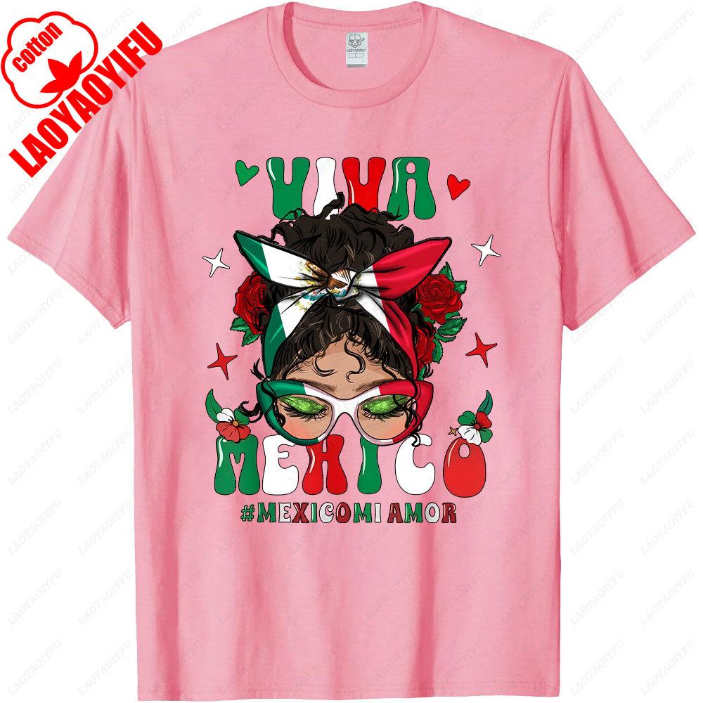 Viva Mexico Messy Bun High Quality TShirt Mexican Girl Hair Flag Graphic Women Clothes Mexico Pride Shirt ONeck ShortSleeve