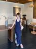 Lace Splicing Floral Suspender Dress Women's New Small Man Pinching Waist and Looking Thin Hanging Neck Long Skirt