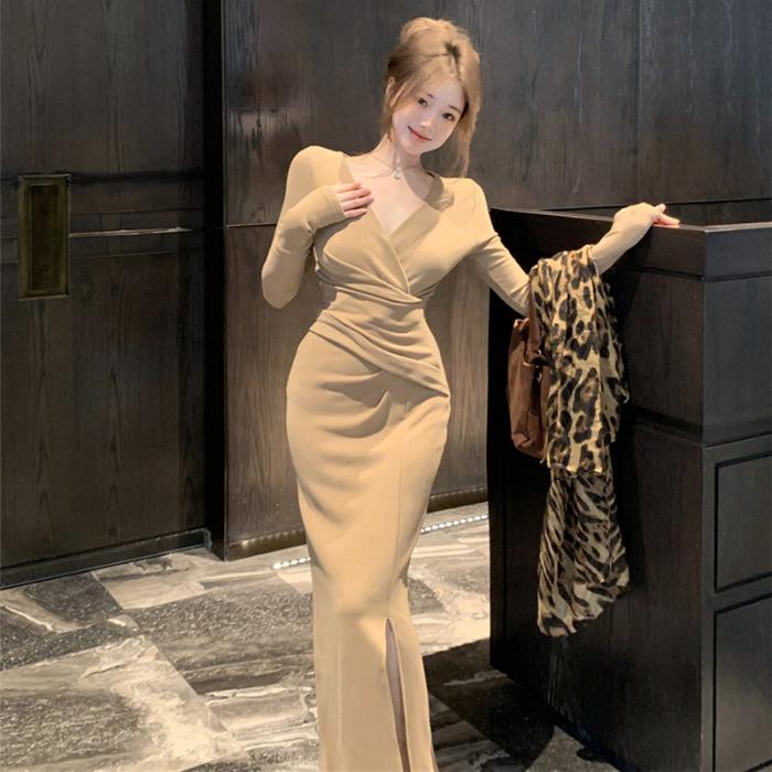 Sexy solid color cross v-neck long-sleeved dress temperament women's autumn and winter slim-fitting tight waist-wrapped hip-wrapped split-ended long d