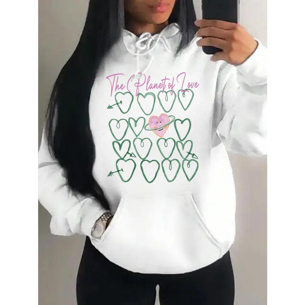 Der Planet der Liebe Kreatives Herz Bedruckter Damen Hoodie Street Pocket Y2K Streetwear Fleece Kapuzenpullover Lässig Mehrfarbig Pullover
