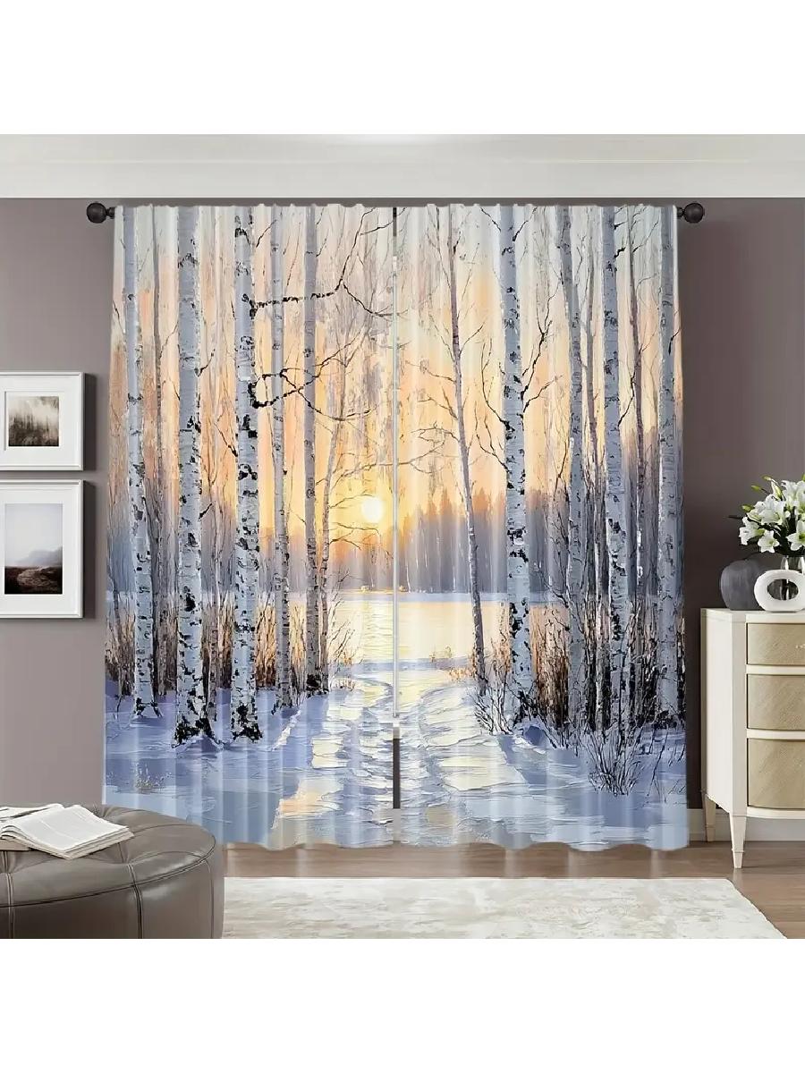 

2pcs Artistic Winter Birch Forest Printed Curtains, Designed for Light Filtering, Quality Material, Ideal for Seasonal Home Wind 24x59in(60x150CM)x2&Rod Pocket