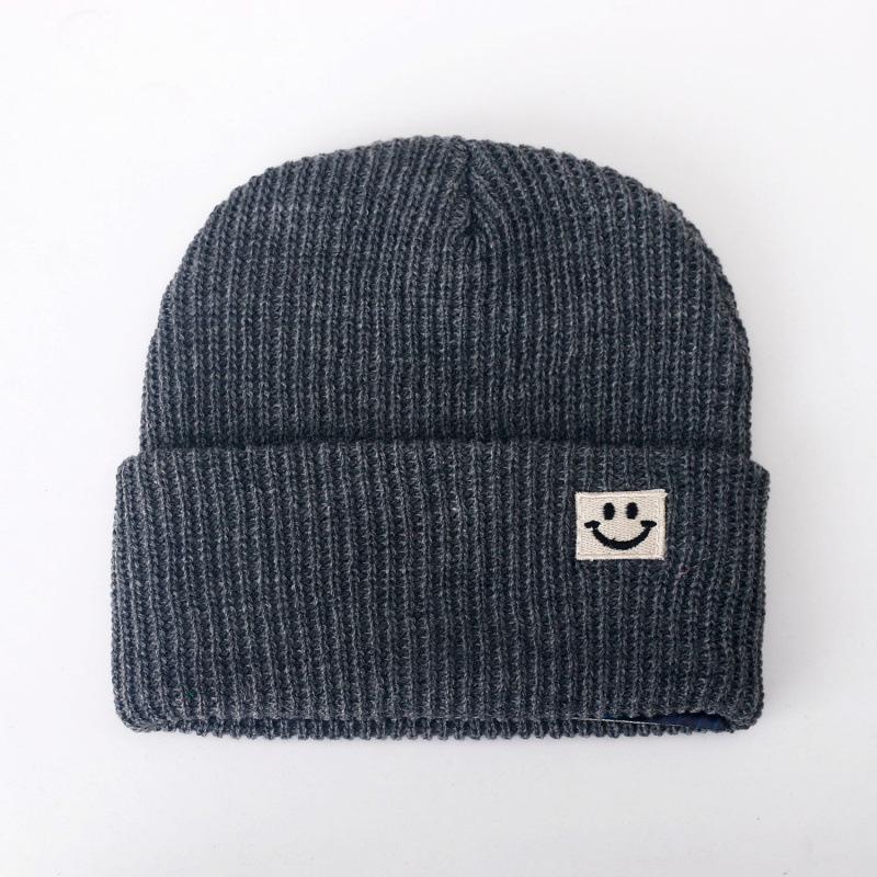 Cute Smiley Face Label Wool Hat Women's Autumn and Winter Warm Trend Versatile Ear Protector Black Knitted Hat Men