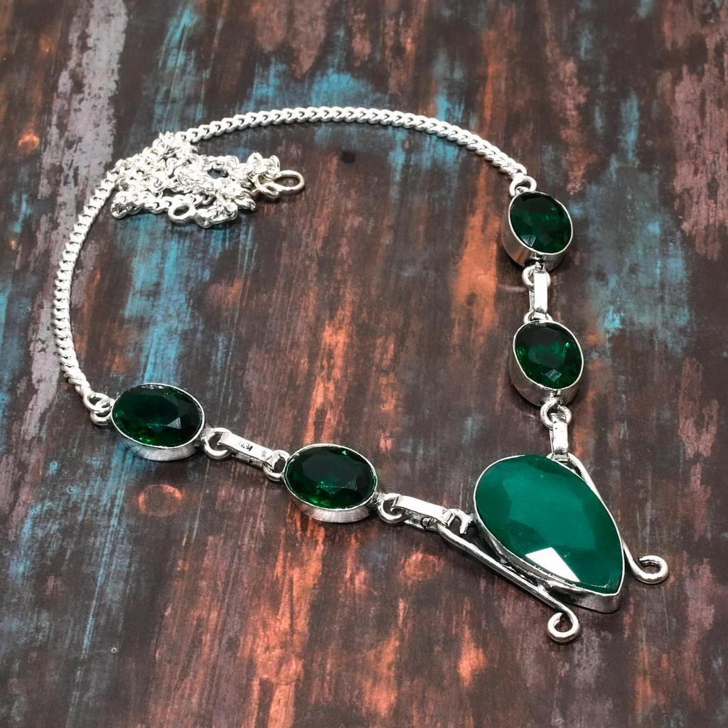 Lab-Created Emerald Gemstone Handmade 925 Sterling Silver Necklace Jewelry