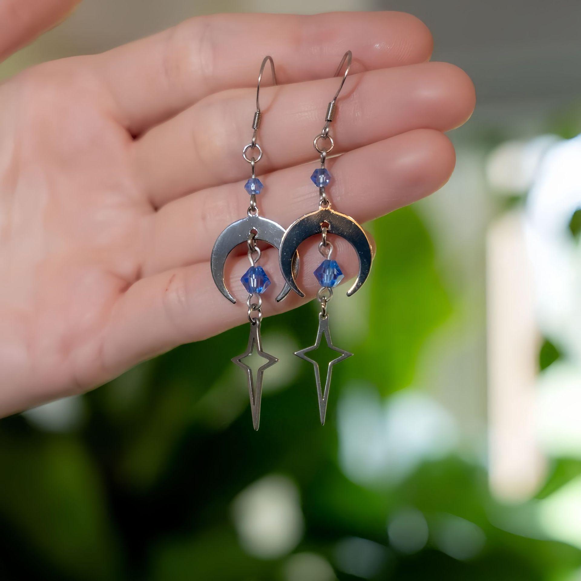 

Bohemia Blue Crystal Glass Beads Crescent Moon Hollowed-out Stars Tassel Dangle Earrings for Women Hip-hop Personality Jewelry