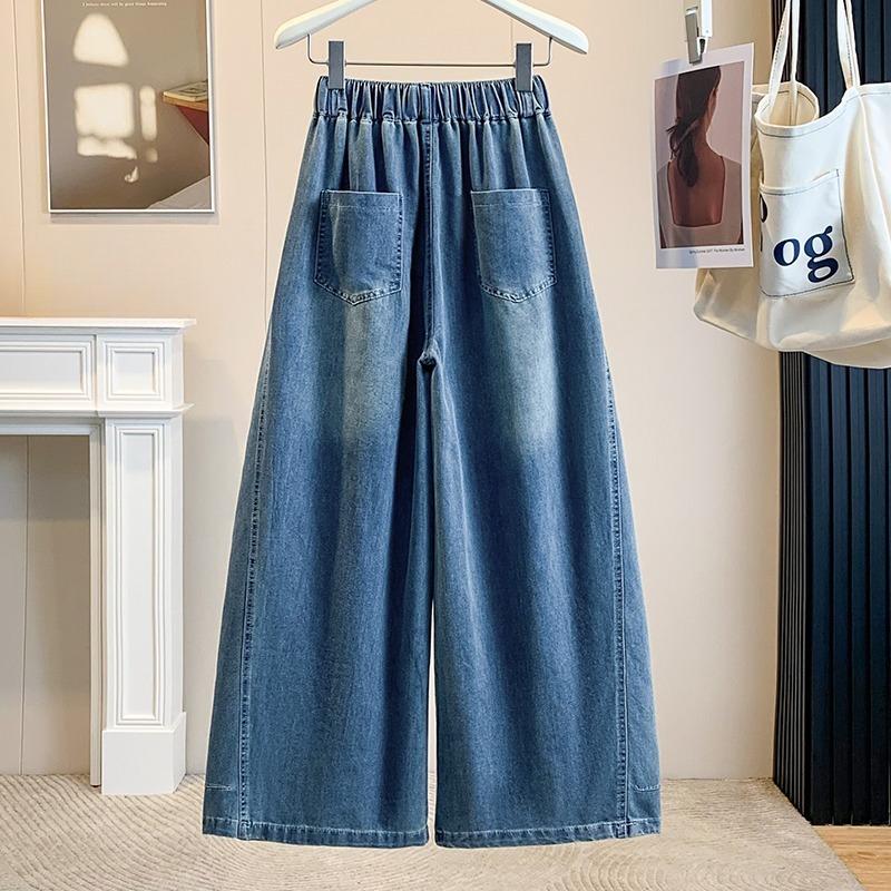 DIMANAF 2026 Summer New Plus Size Women Jeans Wide Leg Long Pants Denim Pants Cotton Casual Trousers Blue Waist Elastic