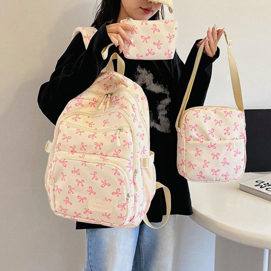 3 Pcs/Set Women Bow Bag Backpack Clutch Shoulder Bag Set Travel Rucksack with Bow Pattern for School Camping Travel
