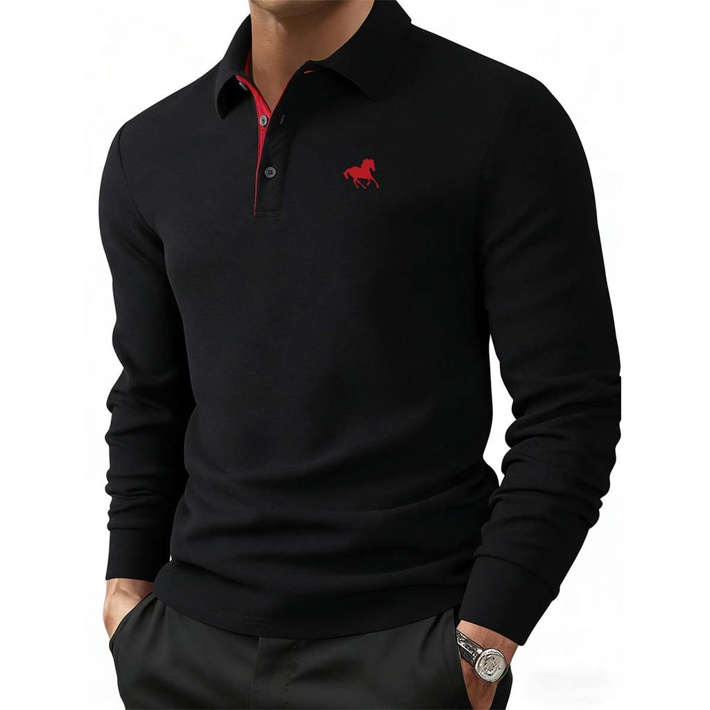 Business casual men's polo shirt with black base Men's Contrast Placket Running Horse Print Long Sleeve Polo Shirt