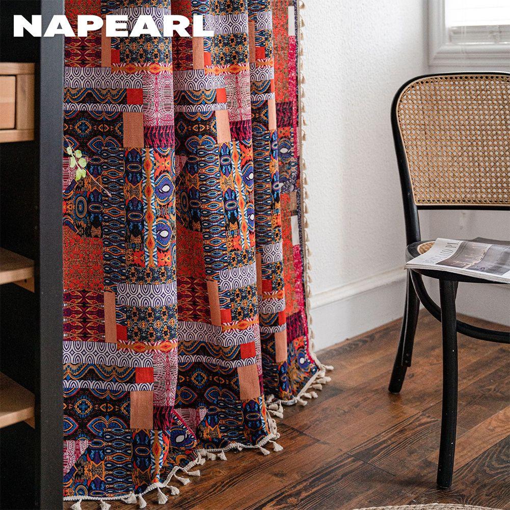 1PC NAPEARL Bohemian Style Patchwork Printed Country Style Semi Blackout Curtain for Small Windows Kitchen Bedroom Living RoomBalcony Home Decor