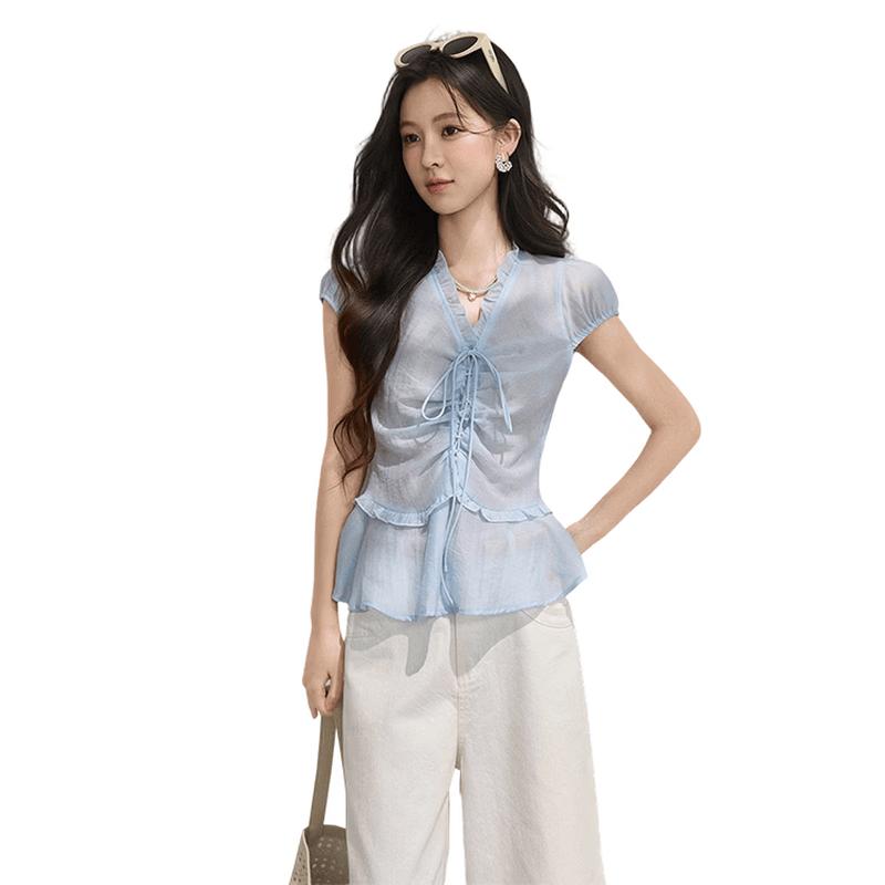 Women s V-Neck Ruffle Puff Sleeve Top S