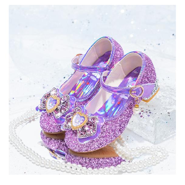 Buty księżniczki fioletowe Kuromi buty do występów dla dziewczynek małe dziewczynki buty na jeden sezon wiosna i jesień wysokie obcasy wybieg miękka podeszwa skórzane dla dzieci