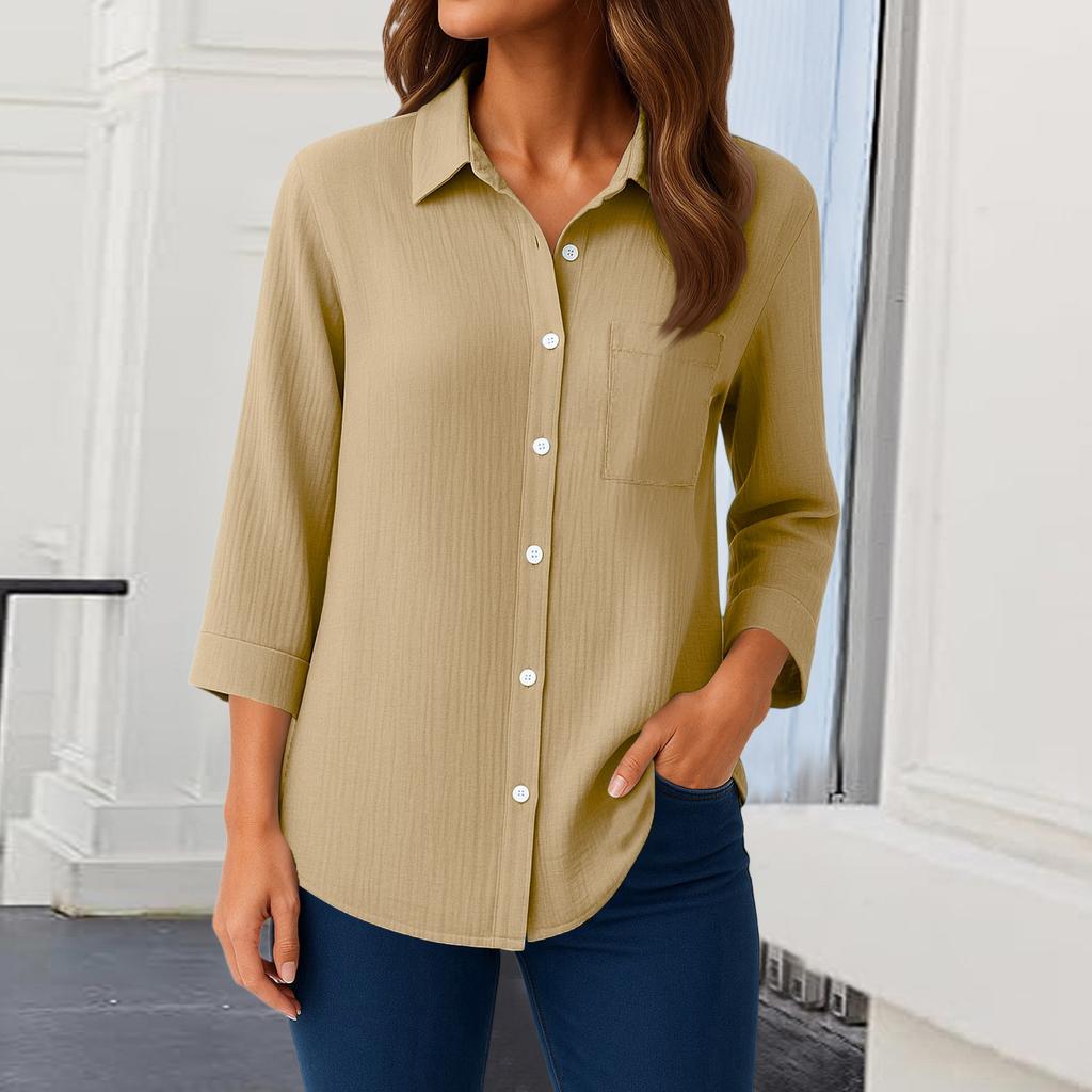 Down Button Womens Shirts 34 Sleeve Casual Collared Shirt Loose Blouses Solid Color Tops With Pocket