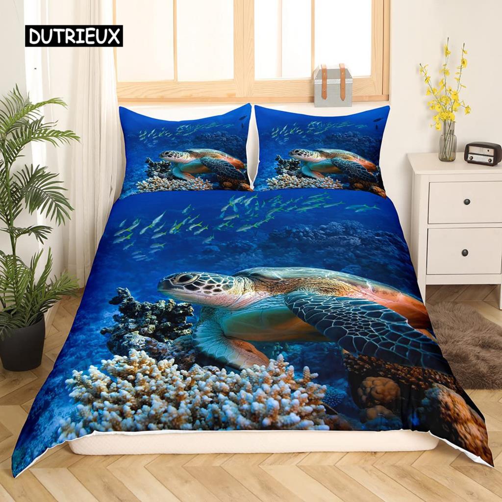 Beach Ocean Duvet Cover Set Hawaiian Palm Tree Waves Bedclothes Tropical Island and Sea Beach Nature Theme Polyester Qulit Cover
