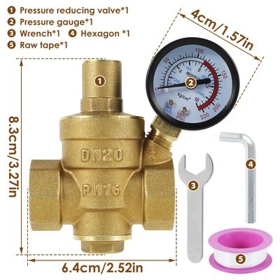 Vanne de régulation de pression d'eau réglable en laiton DN20/DN15 avec manomètre Connecteur universel à filetage 3/4" 1/2" pour eau chaude et froide domestique