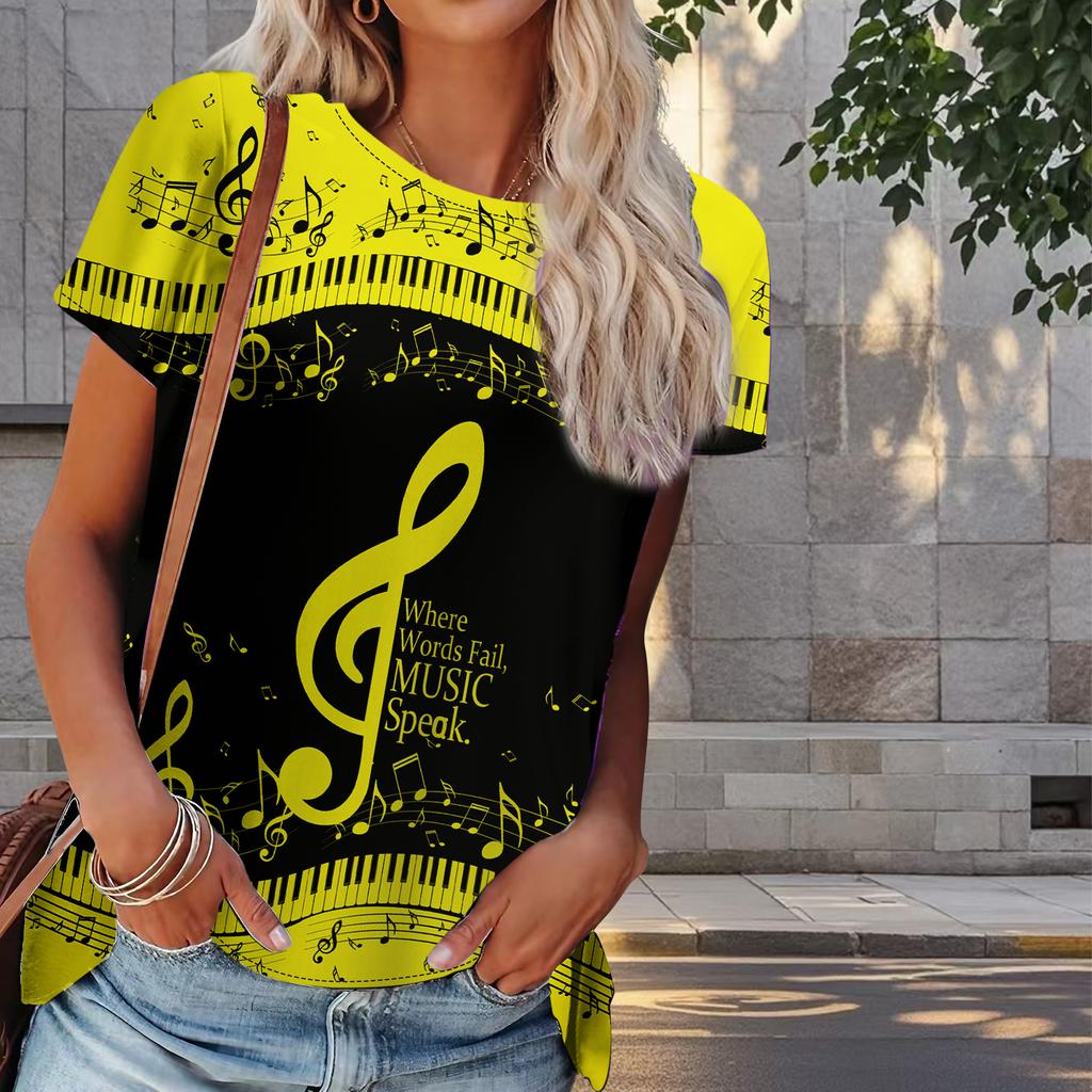 Women Summer T Shirt Musical Note Print Retro Fashion Short Sleeve Tees Casual   Printed  Tops