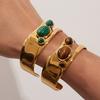 Youthway Natural Stone Geometric Skeleton Cuff Bracelet Stainless Steel Chic Wrist Jewelry Malachite Artificial Pearls Bracelet