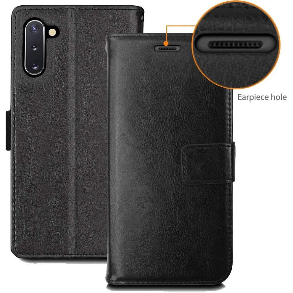 Galaxy Note 10 Leather Wallet Case, Flip Protective Case Cover with Card Slots, Kickstand and Wrist Strap - Black PU