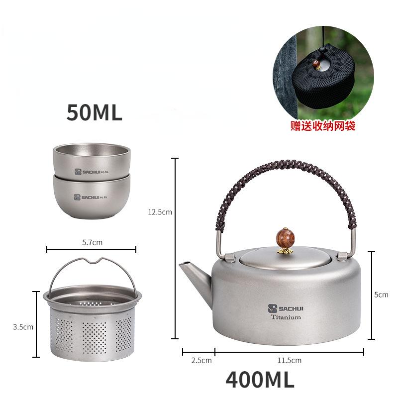 Pure Titanium Tea Kettle Outdoor Boiling Kettle Camping Portable Double Layer Tea Set with Storage Bag