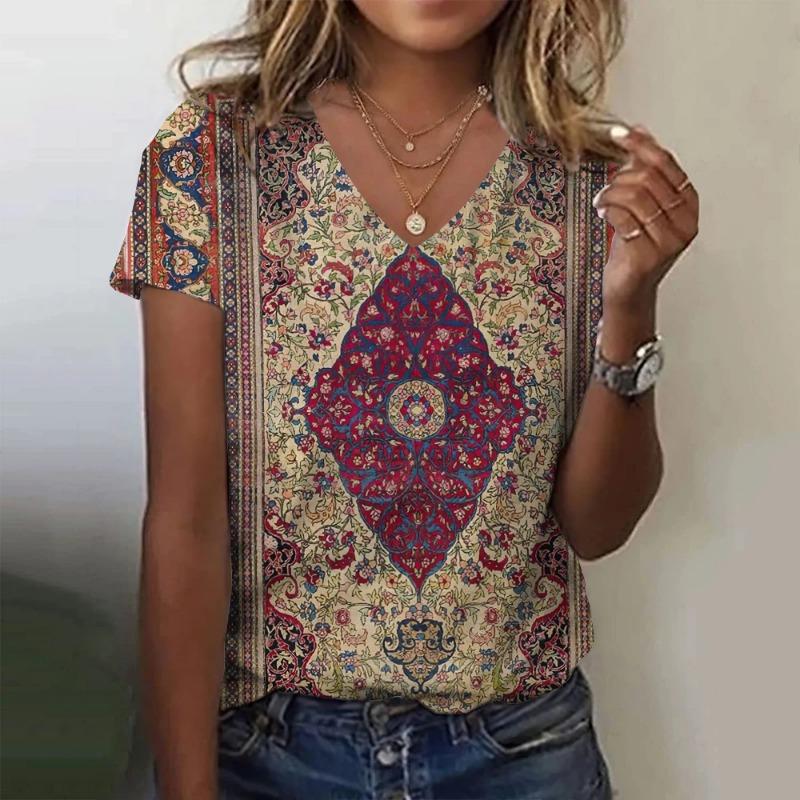 2024 Summer Breathable Comfortable Vintage 3D Floral Print V Neck Shirt Daily Home Short Sleeve T-Shirt Plus Size Women's Tops